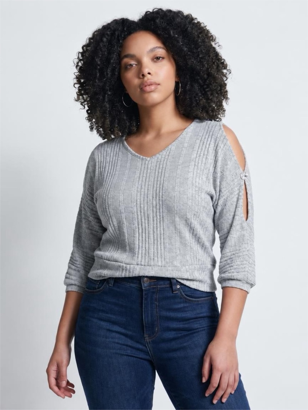 Adrienne Vittadini Light Gray V-Neck Cold-Shoulder Sweater